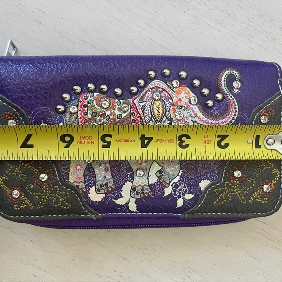 Purple Western Style Studded Wallet Bohemian Elephant Double Zipper Wristlet New - Picture 11 of 11